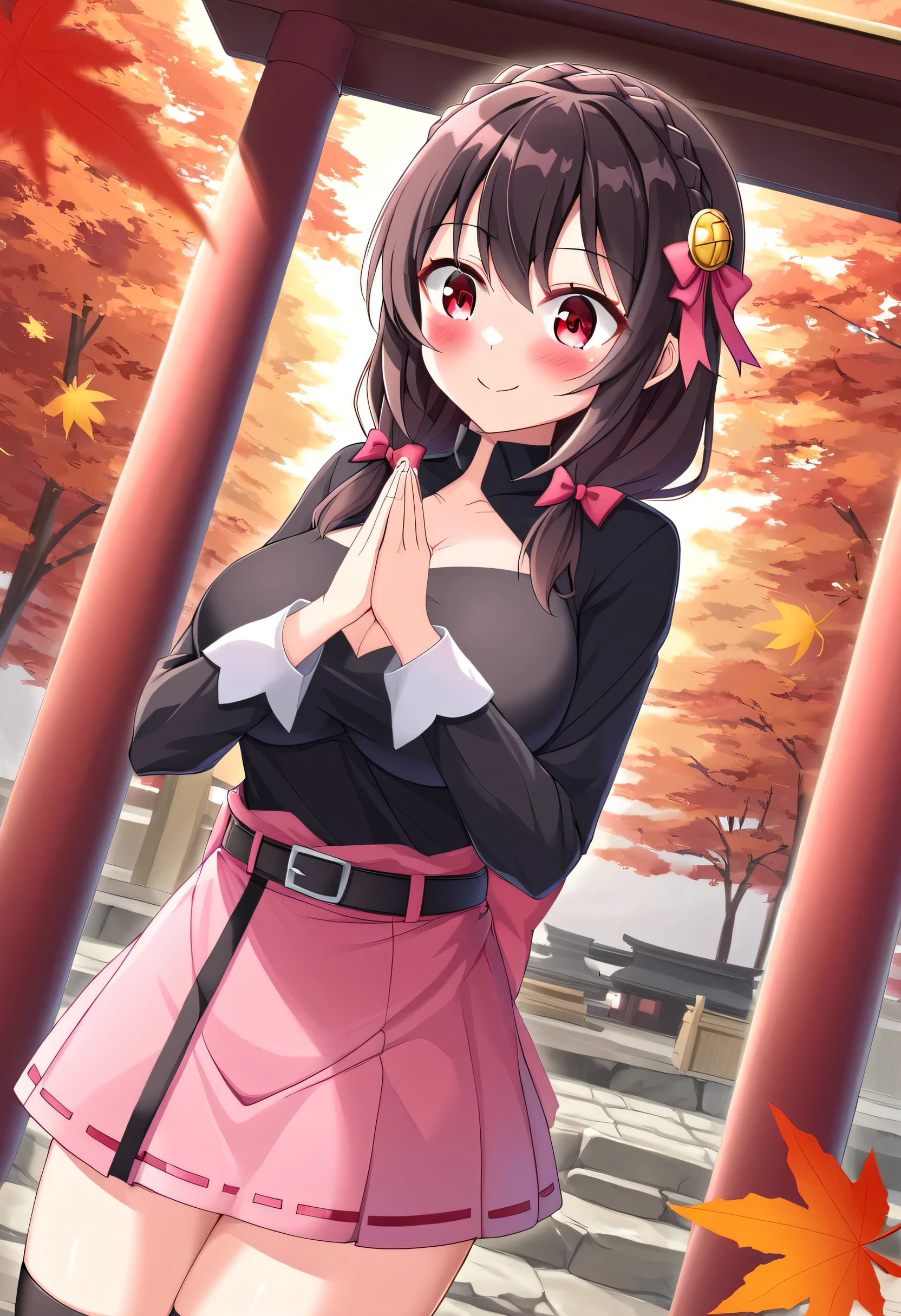 yunyun、masterpiece,Best Quality, high resolution on down,one person, Yunyun、My name is Yunyun, crown braid the same color as my hair, Black Hair、Red eyes、 hair accessories, hair bow, ( Pink tie ), Black long sleeve, Pink Skirt, knee socks, belt, (Chest cut-out),( Clevis)、She has big breasts、(blush)、autumn leaves、(I'm putting my hands in front of me and praying:1.2)、(shrine:1.2)、Standing、 open my eyes 、Surprised Smile