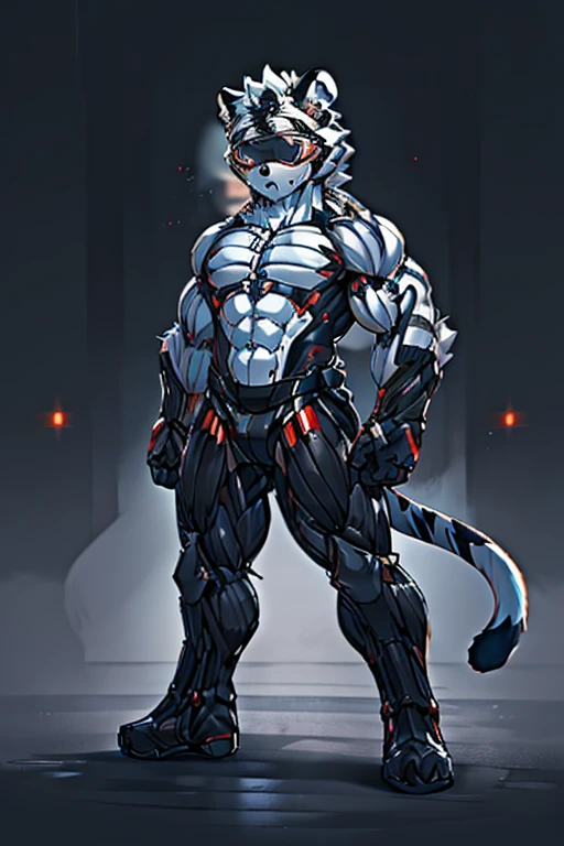 Kogenta (Onmyou Taisenki), A furry white tiger ,Shota,(Moderately strong body),1 white tiger wearing a furry nano-suit , mechanization,Brain WM ,Hypnotic Visor,,,,Big crotch bag,fighting stance,karate,,,night, in the dark,open thighs、 、、、 looking at the audience 、、Standing、、、Full body portrait、、, Very detailed, looks cool ,  high detail , 

