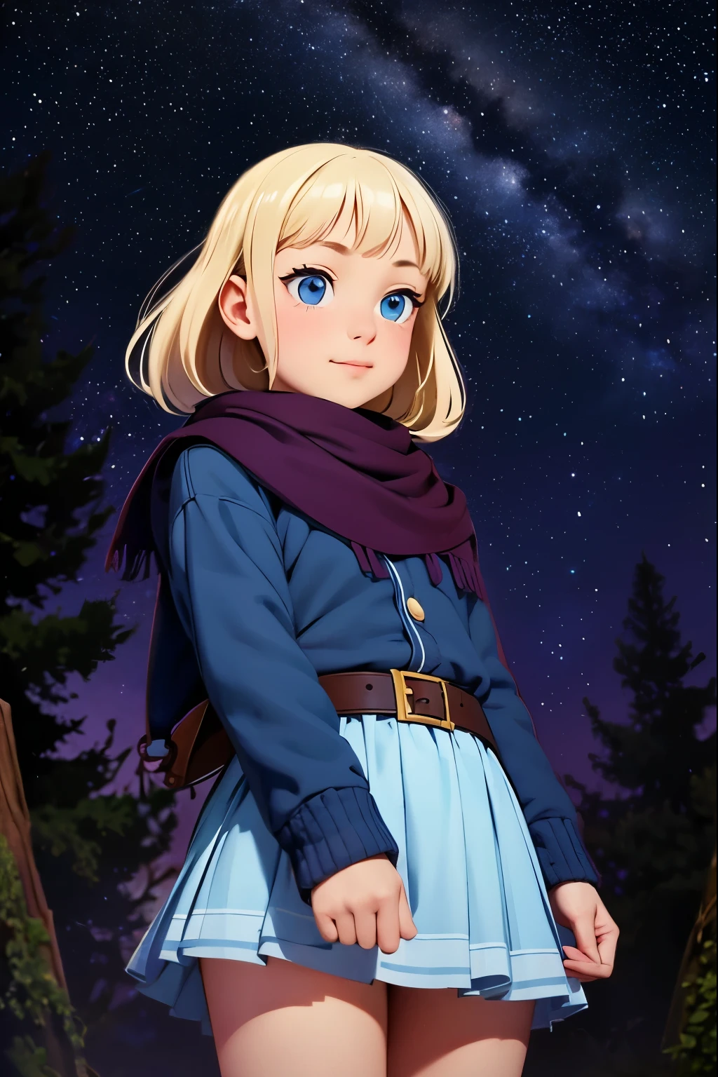  a very young girl ，baby face， is short，Hilly night sky，winter，winter colors, winter landscape,  starry sky , Sky color Prussian blue Cobalt blue Purple Cyan. Planet, Bright Star, meteor, Tree tops swaying in the wind, thre beautiful blonde girl in winter clothes observes the starry sky with a dreamy look，White Breath， Girl Temptation，From below，