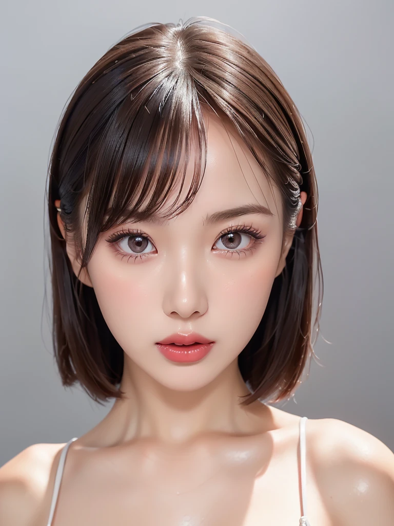  girl, bangs,(wacky dress :1.3,Fantastic dress:1.1),  gray background,  hair between eyes , Big Breasts,   viewer,  open lips, red eyes,   simple background, Alone,((Creative hairstyle)),(shiny skin),(masterpiece:1.4),(Best Quality:1.4),Red lips,((( detailed face,Clear Face, full body shot, full body shot,Thighs))),( detailed face,detailed expression)