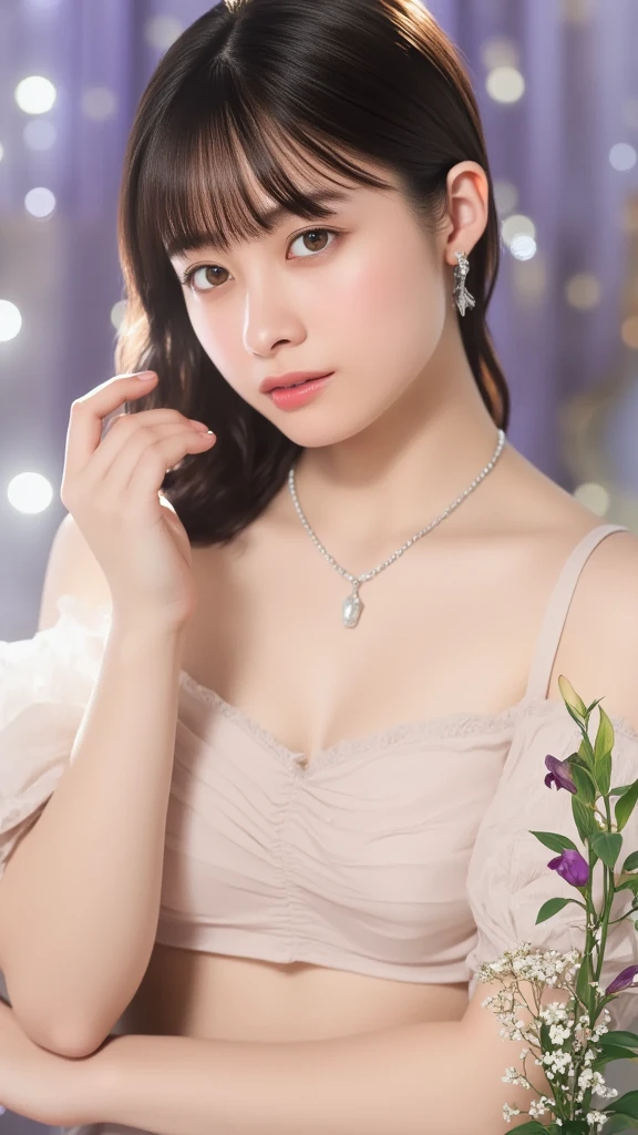 Kanna Hashimoto,One Woman、beautiful、Perfect looks、Pale turquoise eyes:1.3,((large breasts))、Perfect balance,simple diamond necklace、(Blurred Background)、Luxury palace,Sparkling Room、(Please redeem: 1.1), (Realistic: 1.1), (photograph: 1.1), (Very detailed: 1.1),((NSFW)), ((beautiful nipples)),Completely naked