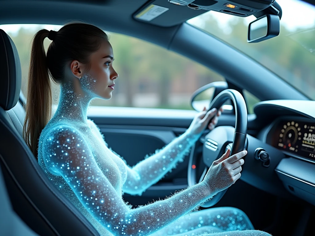 photorealistic image of a holographic(transparent)AI girl driving futuristic EV, hands behind the steering wheel, hypersonic vehicle, intricate detailed, hi-res, left angle shot, medium long shot