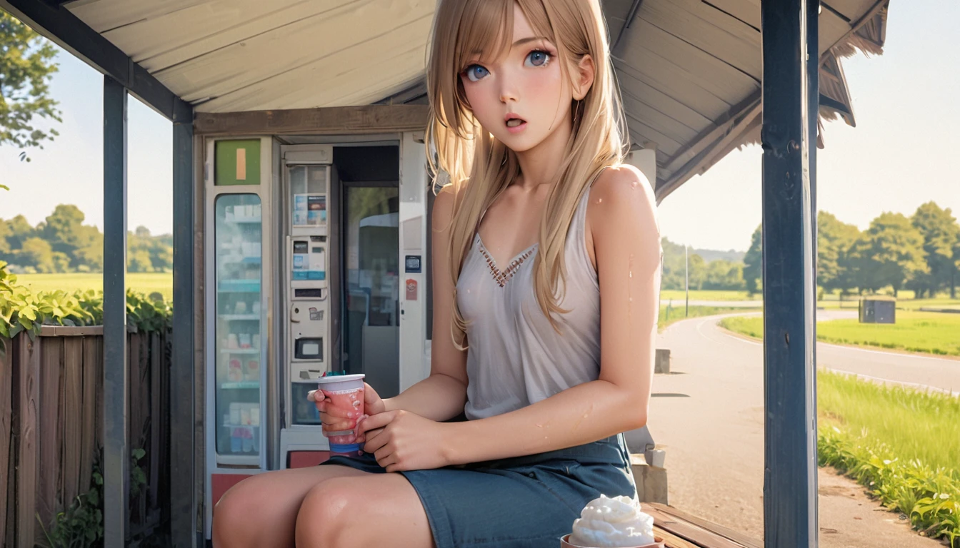 Ana Coppola,1girl,blonde ,blue eyes,blonde hair,long hair, outside summer, solo,looking at viewer,extremely detailed ,:o,animal,collarbone,open mouth, bare shoulders, topless, miniskirt, navel, small breasts, flat chests, perky nipples, hand rail, vending machine, japan countryside, rice paddies, road, bus stop, waiting shed, soft lines, pastel, water color style, sitting, bench, sweaty, whipped cream on body, detailed background, realistic, realistic background