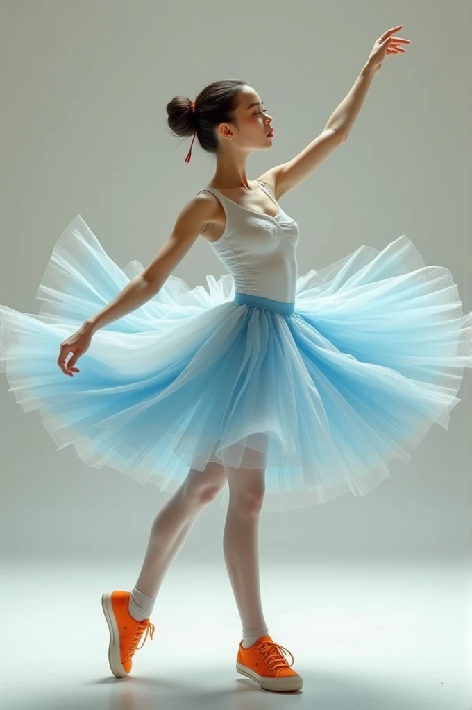 Woman dancing ballet, with a yellow leotard and a blue skirt, red pointe shoes, a tight bun and a simple, delicate crown of red flowers