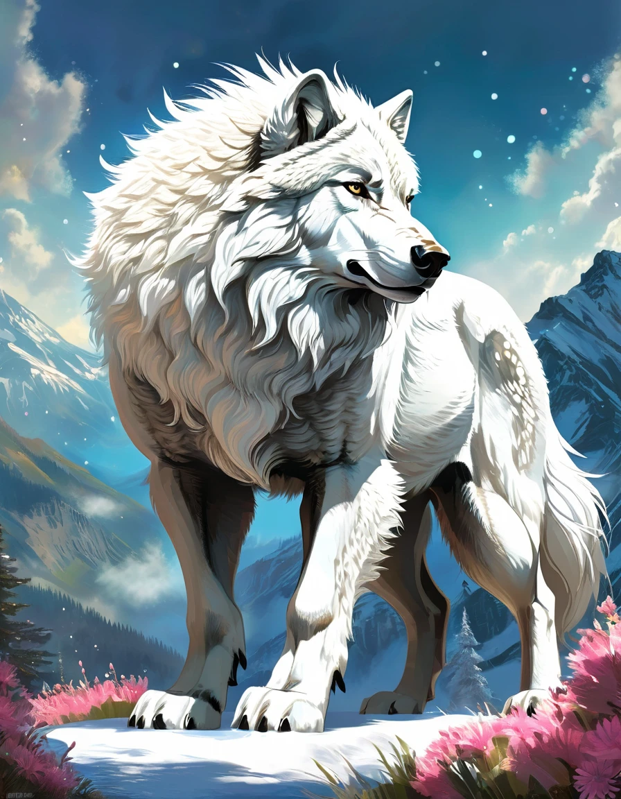 A fusion of a wolf with a bison, strong, quadruped, with iron features, white fur and sparkling energy, imposing pose in a large mountainous flower.