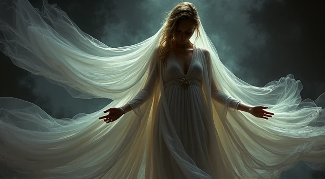A beautiful 20-year-old Kate Mara, ethereal, ghostly, dressed in sheer near-nude billowing fabrics, a haunting beauty walking just above the ground on a moonlit night, coastal scene, dramatic lighting, volumetric fog, intricate details, cinematic, highly detailed, photorealistic, 8k