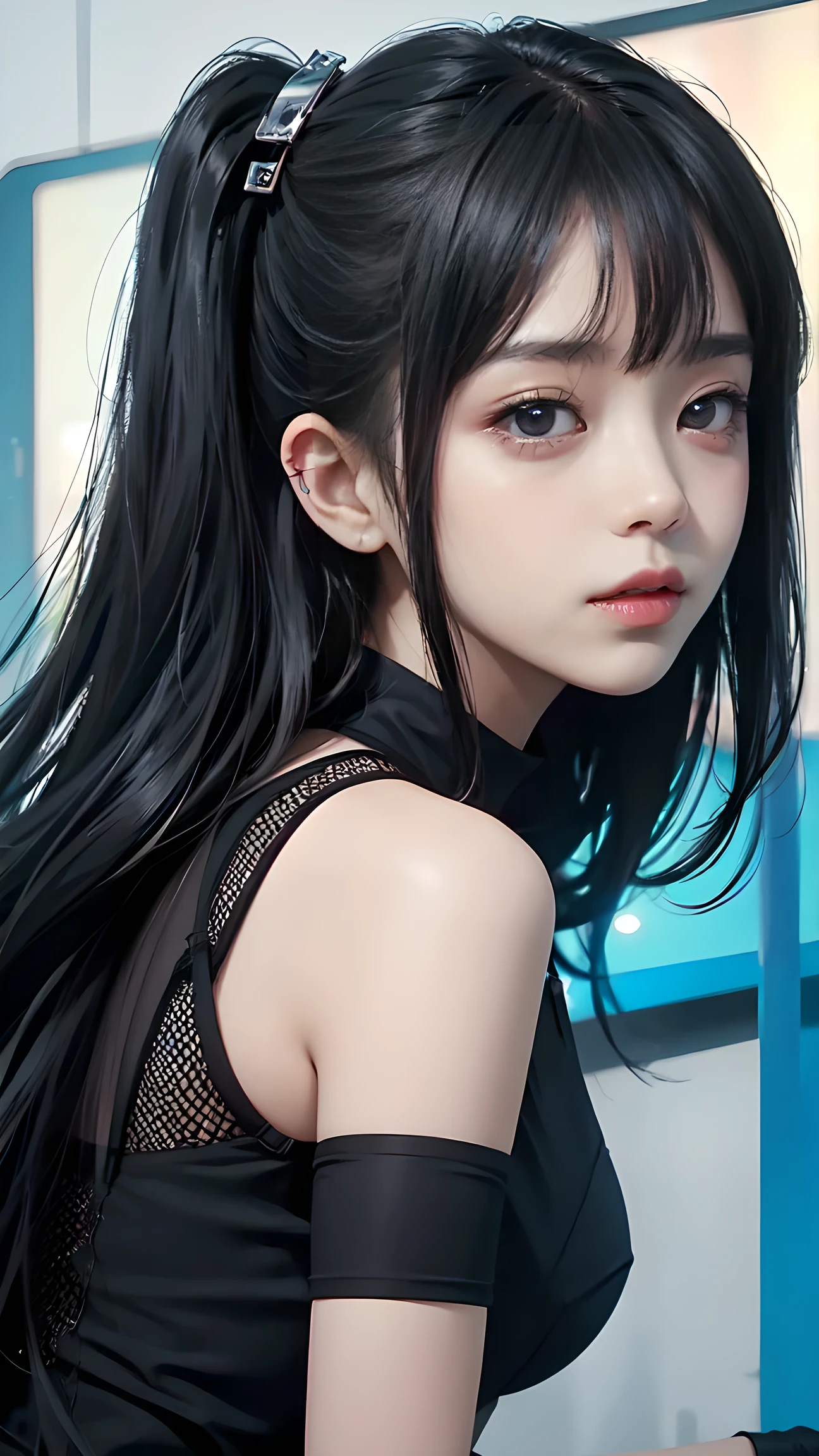 (close up:1.3), (split:1.3), Volumetric lighting、The facial details are particularly rich、1 girl、dark、deep shadow、low profile、hair length、white hair, huge saggy breeasts, off-shoulders top, cowboy shot, high ponytail long hair,