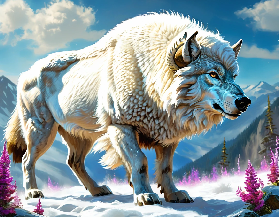 A fusion of a wolf with a bison, strong, quadruped, with iron features, white fur and sparkling energy, imposing pose in a large mountainous flower.