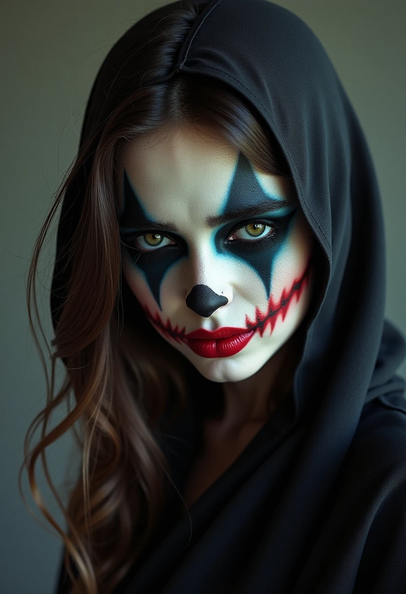 (a girl with dark brown hair and dark blue eyes. wears a mask with holes for the eyes and a scary smile. wears a black hoodie, dark jeans and dark sneakers. height: 160 cm)
