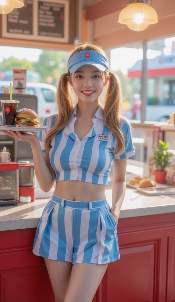 （8K、Raw photography、highest quality、masterpiece：1.2),(black haired、very short hair:1.7),show viewer,Looking at the front,erotic,白いskin,(wearing a fast food uniform:1.6)、(Clothing that emphasizes the shape of your chest、publish one&#39;skin:1.2)、(big breasts :1.4)、slim body shape、ultra high resolution,beautiful,beautiful fece,(alone, alone、no background:1.9),whole bodyボディー,japanese woman,（Photoreal：1.37）、photon mapping,reality、(Cute with a : 1.1)、(cute smile: 1.7)、(With a round face: 1.8)、radio city、Physically based rendering、depth of field rally background、photograph, (I can see your knees,close up of thighs、skirt too short、spread your legs、Show off white panties:1.3),whole body、super fine