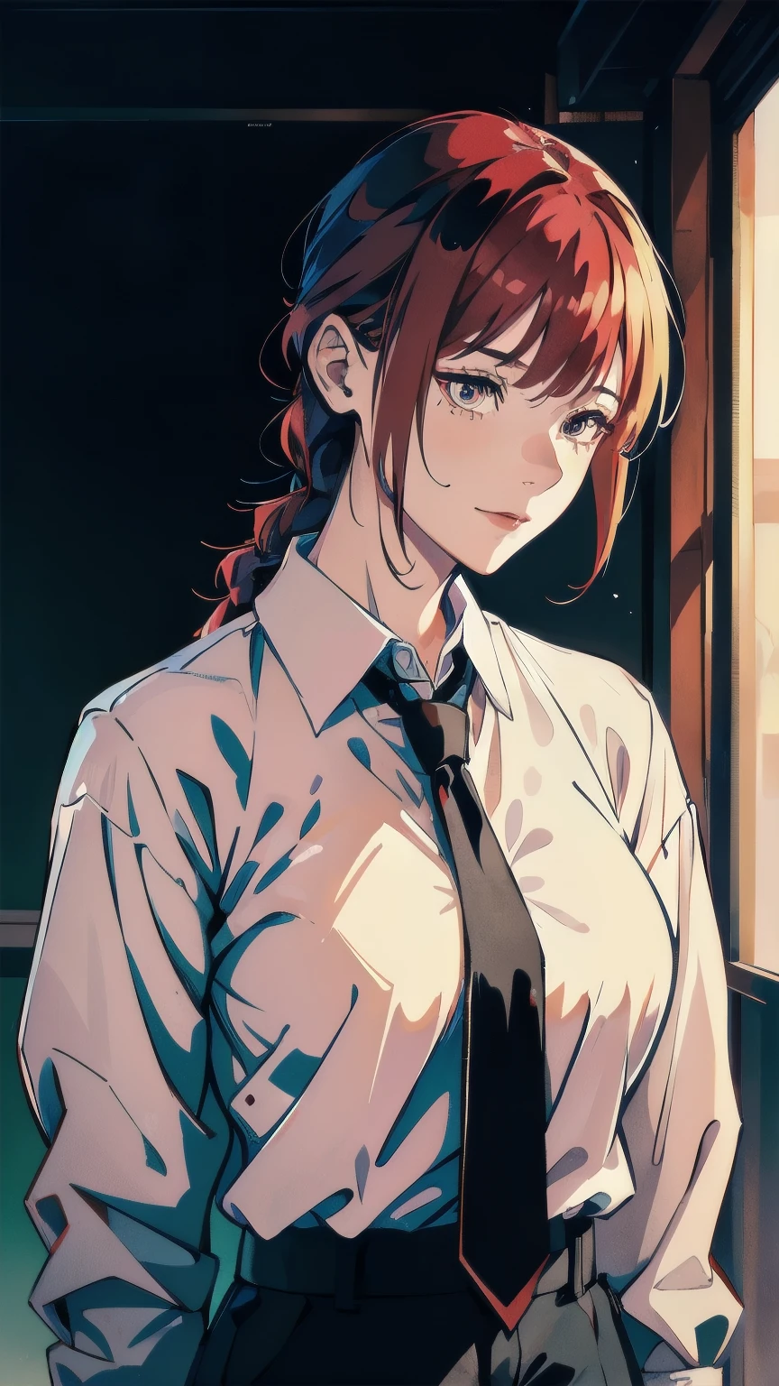 best quality, 1girl, white wet shirt, collared shirt, black necktie, black trousers, looking down, sensual, rotated, granny flat, evening, corneo_makima, makima \(chainsaw man\), (mediumbreasts:1.4) , fingersmile:1.2, bored, ringed eyes, red hair, braided ponytail, color connection, colorized, vibrant color scheme, colorful, spot color, cinematography, hyperdetailed, beautiful face, 4k, HD, artstation trending on artstation,