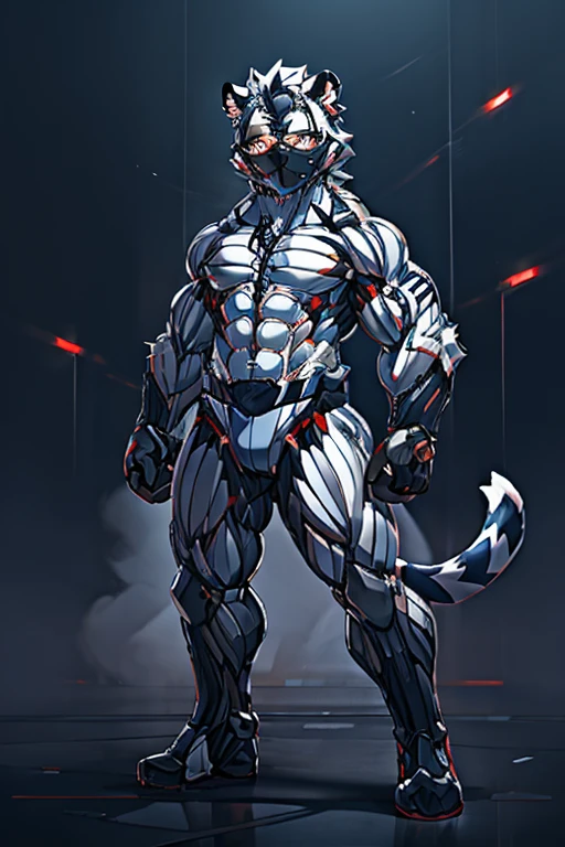 Kogenta (Onmyou Taisenki), A furry white tiger ,Shota,(Moderately strong body),1 white tiger wearing a furry nano-suit , mechanization,Brain WM ,hypnosis,,,,Big crotch bag,fighting stance,karate,Collar,,night, in the dark,open thighs、 、、、 looking at the audience 、、Standing、、、Full body portrait、fog、、, Very detailed, looks cool ,  high detail , 

