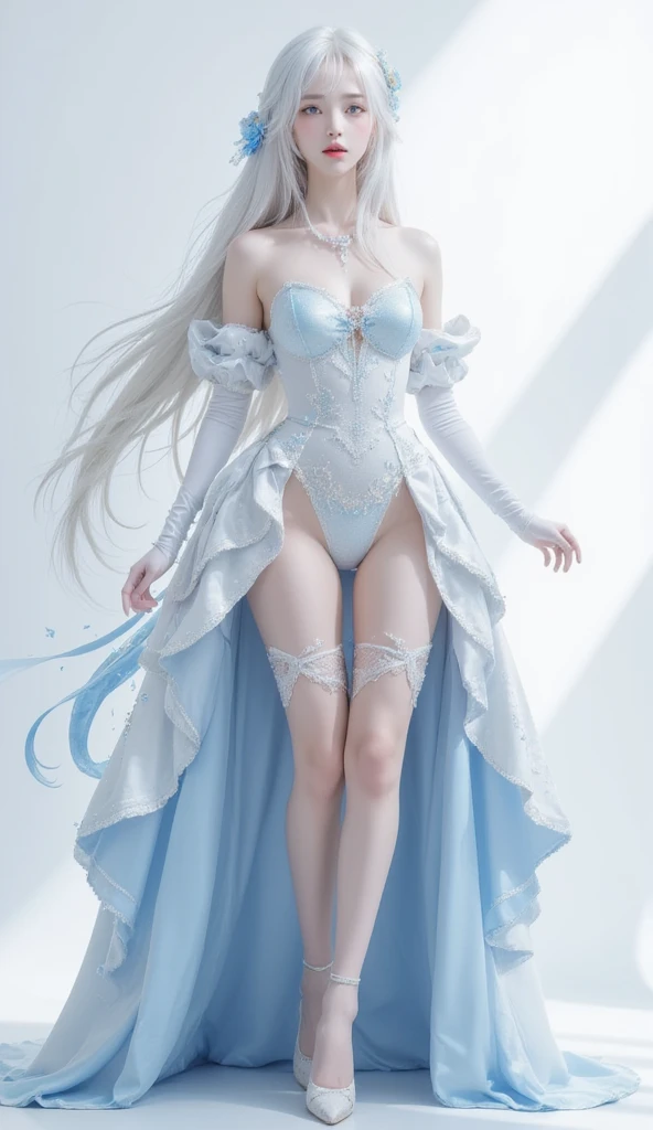 (best quality,4k,8k,highres,masterpiece:1.2), ultra-detailed, realistic:1.37, fine art, crystal-clear skin, delicate snowy-white face, slender and flawless hands, exquisite crystal princess high heels, breasts, cleavage, long and slender legs, pure white lace wedding dress, medium-sized breasts, standing, princess throne, blue hair, white legwear, blue pupils, diamond crown, lace stockings, 8K screen.