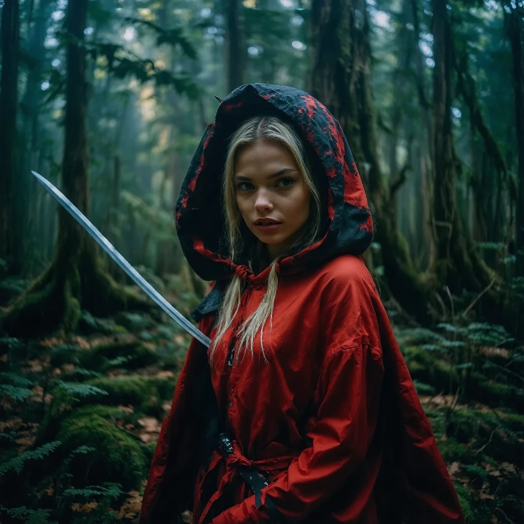 "Illustrate a powerful scene featuring Veronica Marlowe, also known as Little Red Riding Hood, as a determined ninja warrior. Show her standing triumphantly amidst a swirling storm of war, with dark clouds and flashes of lightning in the background. Her outfit is a blend of traditional ninja gear and fairy tale elements, with a dramatic hood and flowing red accents. Capture her fierce gaze and strong stance as she prepares to confront the threats of the night."