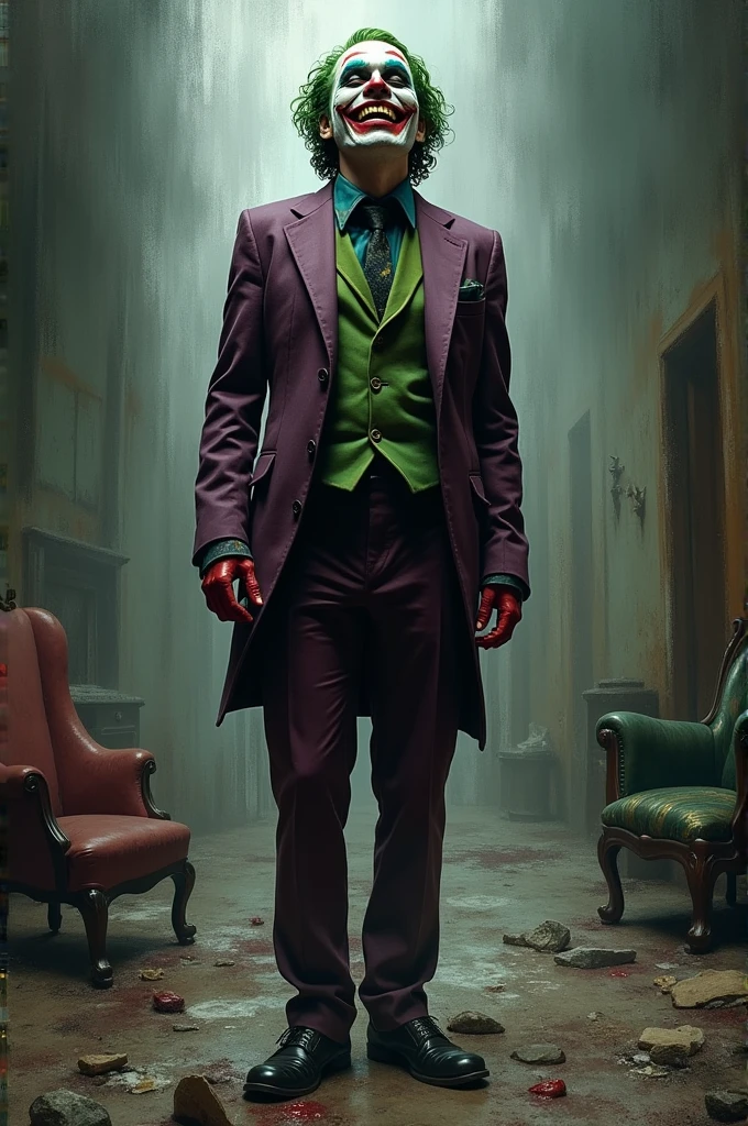 (16k, RAW photo, best quality, masterpiece: 1.2), ultra-detailed, formal art, photo realism: 1.37, full body photo, (man, beauty,( Dwayne Johnson)film grain, villain action pose ((Joker))details
