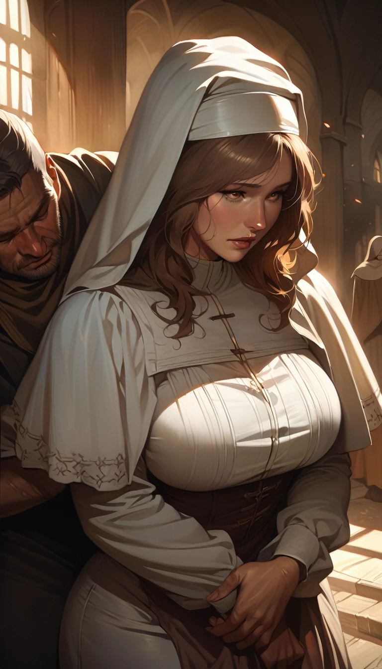 Epic chest close-up,The woman's strong and sinister eyes,Framed with faded old clothes, Tattered white linen hood,reflecting golden sparks in the irises of the eyes,is in night,dramatic lighting,hight contrast,Highest definition,ultra-realistic realism,ultra-realistic realism,realisticlying,A high resolution,HDR photography,8K,Sexy women,Erotic lace lingerie