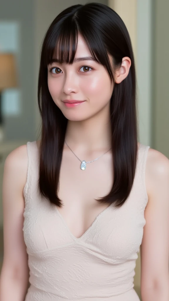 Kanna Hashimoto,One Woman、beautiful、Perfect looks、Pale turquoise eyes:1.3,((large breasts))、Perfect balance,simple diamond necklace、(Blurred Background)、Luxury palace,Sparkling Room、(Please redeem: 1.1), (Realistic: 1.1), (photograph: 1.1), (Very detailed: 1.1),((NSFW)), ((beautiful nipples)),((Completely naked))