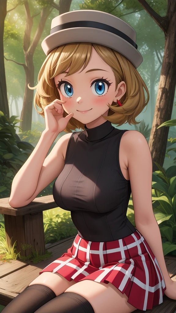 pkmnserena, 1girl, solo, blue eyes, blonde hair, short hair, bangs, hat, grey headwear,
black shirt, turtleneck, sleeveless, red skirt, pleated skirt, black thighhighs,
smile,closed mouth,cowboy shot,sitting,
forest,outdoor,
(insanely detailed, beautiful detailed face, masterpiece, best quality) cinematic lighting, sexy armpits