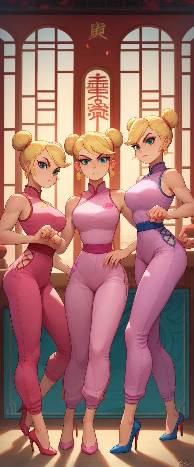 lola loud, 3girls, trio, 24yo girl, large breasts, pink cheongsam,  inside of a chinese temple, looking at viewer, blonde hair, two hair buns , hands  score_9, score_8_up, score_7_up, high heels, teep fighting stance,martial arts, long pink pants with side pants windows, triplets