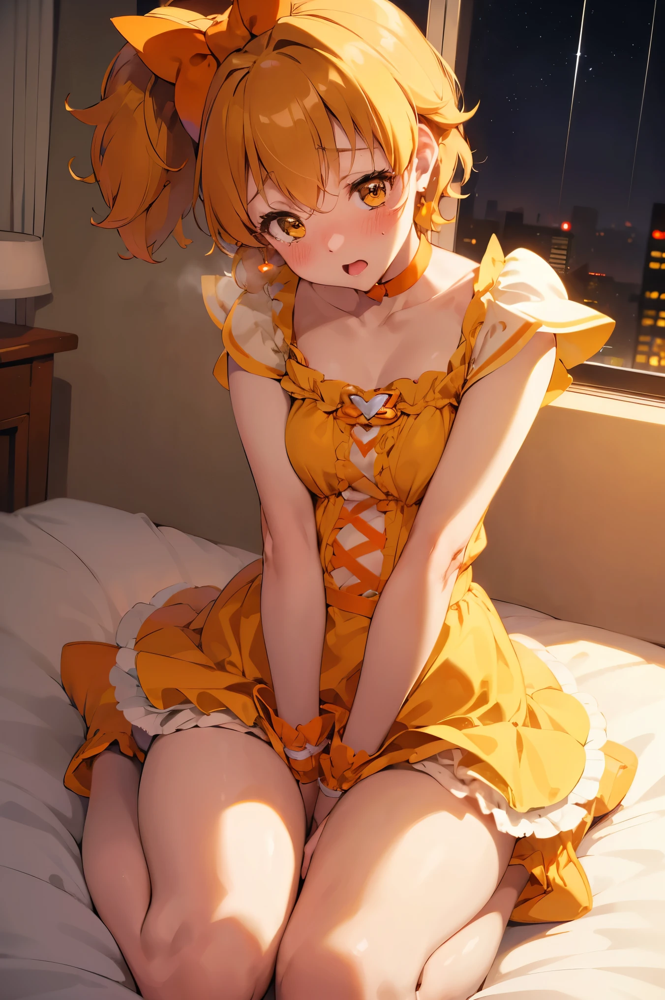 NSFW,masterpiece,Best Quality, high resolution on down, very detailed,Cure Pine \( Pretty Cure\), one side up 、 short hair、 hair bow、Frills、Short sleeve、Wrist cuffs、 orange choker、orange boots 、Yellow Skirt,(Embarrassed:1.5),blush, shy,(Nightlife:1.5),( bedroom:1.5)