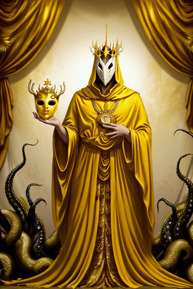 a painting of a man dressed in a yellow robe and a crown, hastur the king in yellow, yellow-robed cultist, king in yellow, a professional digital painting of the king in yellow wearing a tattered yellow cloak standing in a ballroom gripping a medallion in his claws, (white porcelain mask:1.05),painting of the king in yellow wearing a cloak and a mask, antlers, crown, cosmic background, gold and white and black color scheme surrounded by a mass of writhing tentacles, ornate baroque ballroom background, antlers, crown, high quality masterpiece, best quality, kinginyellow, the kinginyellow (wearing a white porcelain mask:1.1) and a tattered yellow cloak standing, surrounded by a mass of writhing tentacles, ornate baroque ballroom background, antlers, crown 