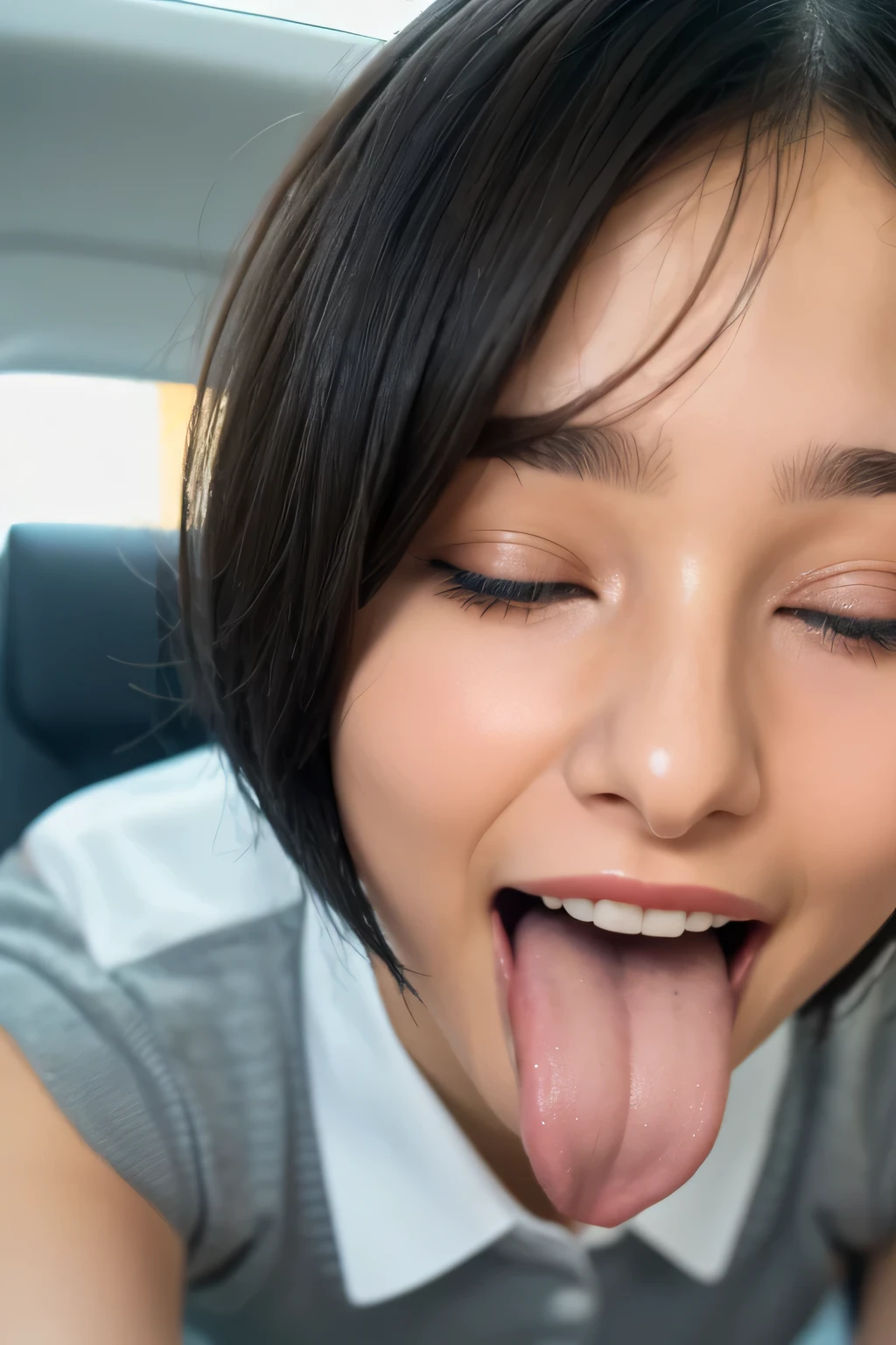 ,1 girl、Taylor Hill、1 girl、超High resolution, retina, Accurate, masterpiece, Anatomically correct, Super detailed, Textured skin, Attention to detail, high quality, High resolution, 8k、、Big double eyes、nose、The focus is on the mouth、close-up focus on face、Woman with open mouth and closed eyes、18-year-old、Black Hair、tongue out, tongue, traces of saliva, Drooling, Ahegao, long tongue, Verbal invitation, Pulling the hair back, Gray background,Half Backlight,Pilot uniform,Pilots,airplane cockpit,