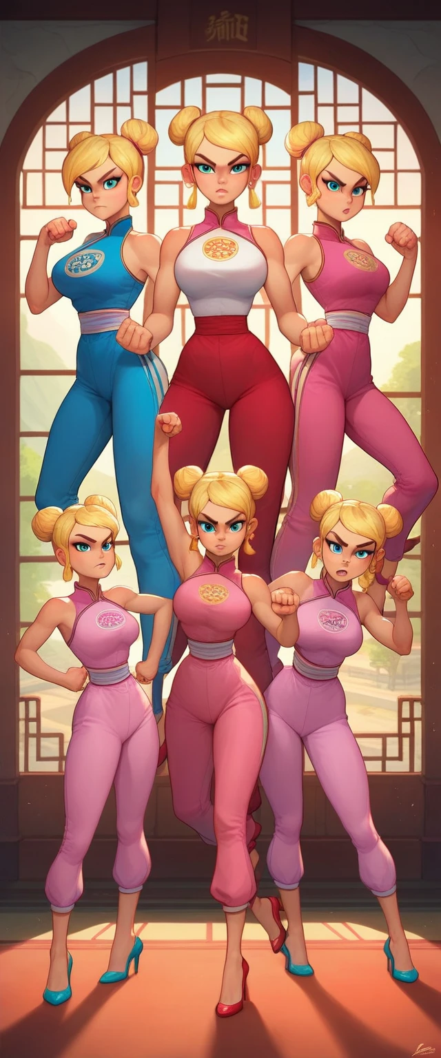 lola loud, 3girls, trio, 24yo girl, large breasts, pink cheongsam,  inside of a chinese temple, looking at viewer, blonde hair, two hair buns , hands  score_9, score_8_up, score_7_up, high heels, teep fighting stance,martial arts, long pink pants with side pants windows, triplets