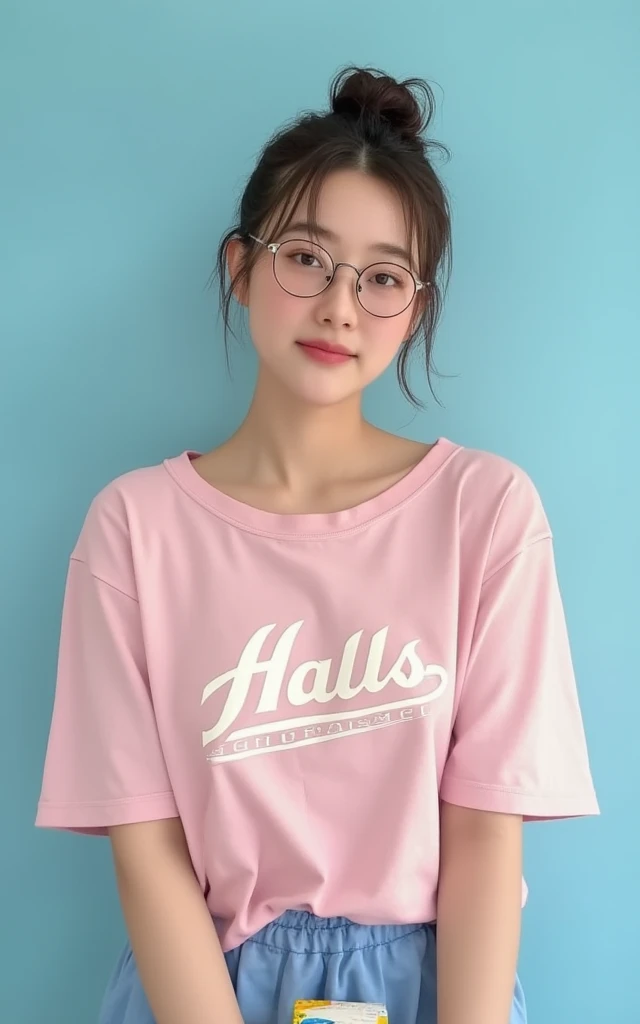 A realistic photo of a cute woman with bun hair, wear round glasses, she is smiling softly and looking at the camera, The woman is bare shoulders, pink loose bare shoulders T-shirt with Halls printed on it, blue short pants, real skin, wet skin, sweating, natural makeup that enhances her features, standing pose, There is a box on the left hand, light blue simple background.