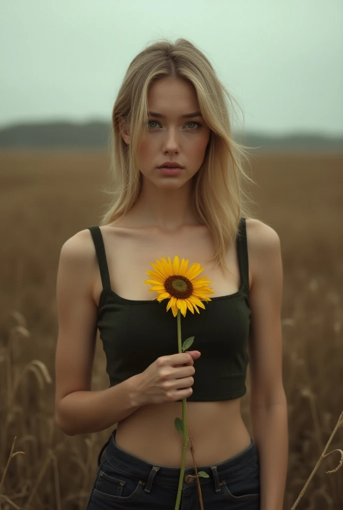 super realistic blonde woman, sexy look, and with a big ass and big tits in an open field smelling some flowers with clothes on