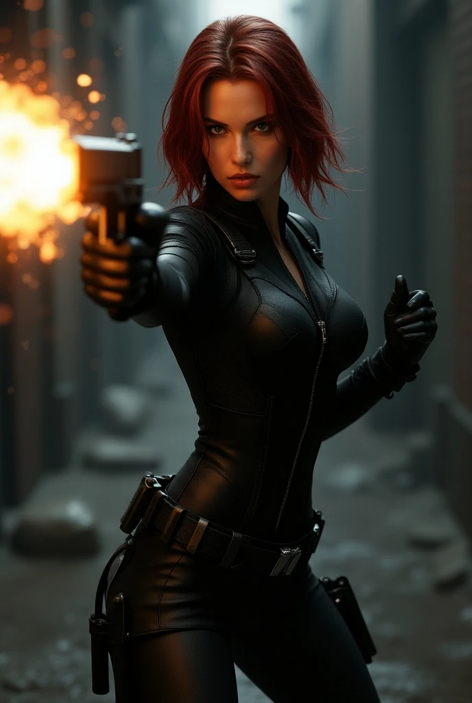 ((8k, RAW photos, top quality, masterpiece: 1.2), (realistic, photorealistic: 1.37), Natasha Romanoff, sexy, seductive, beautiful, big breasts, bared chest, (amazingly beautiful woman), Black Widow, red hair, (high angle shot: 1.2), ((Best Quality)), (Ultra-detailed), (extremely detailed CG unified 8k wallpaper), Highly detailed, High-definition raw color photos, Professional Photography, Natasha Romanoff, seductive pose, attractive, big tits, natural cleavage, shiny skin, ((full body shot: