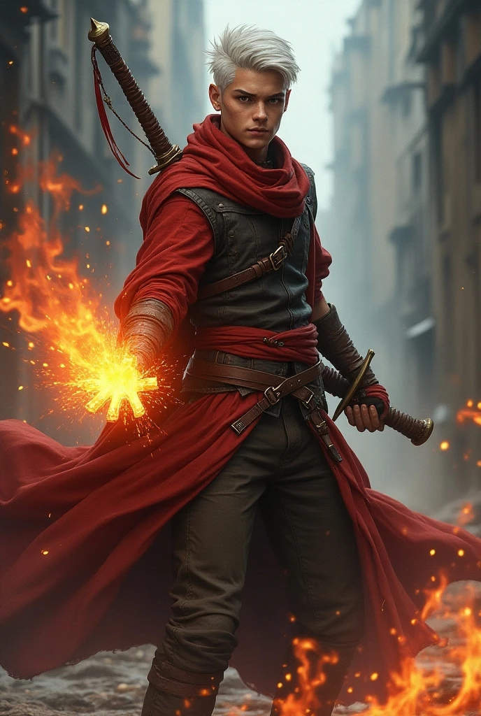 naughty man, details with fire, red clothes with black with fire, short black hair, hooded cloak, mask, anatomically correcte, high qualiy, laughter, Eyes red, tongue out, seducing smile, Action Painting,