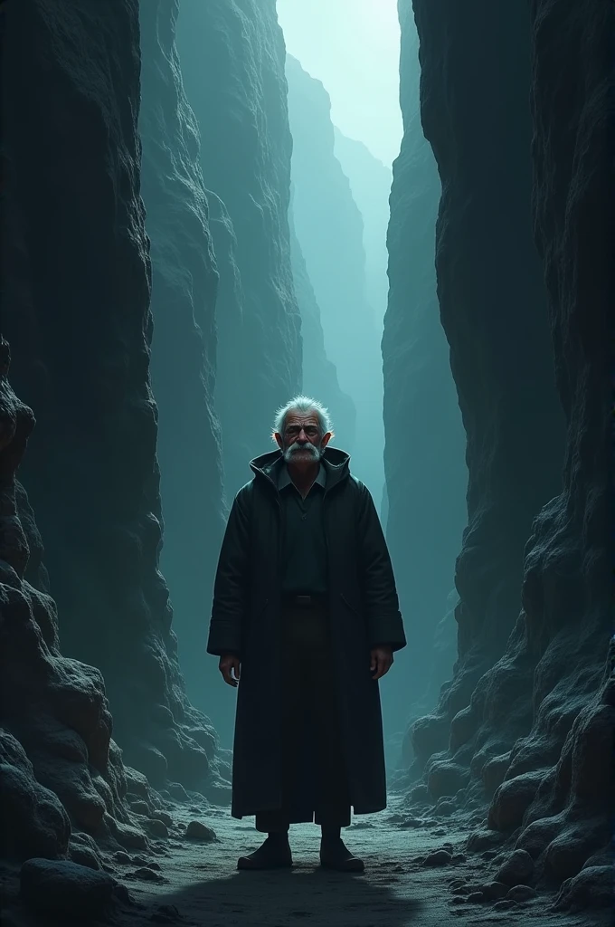 Dedalan is standing in a gorge at the door ,  Dedalan is a grandfather whose only sight is a mustache and a grin in the dark