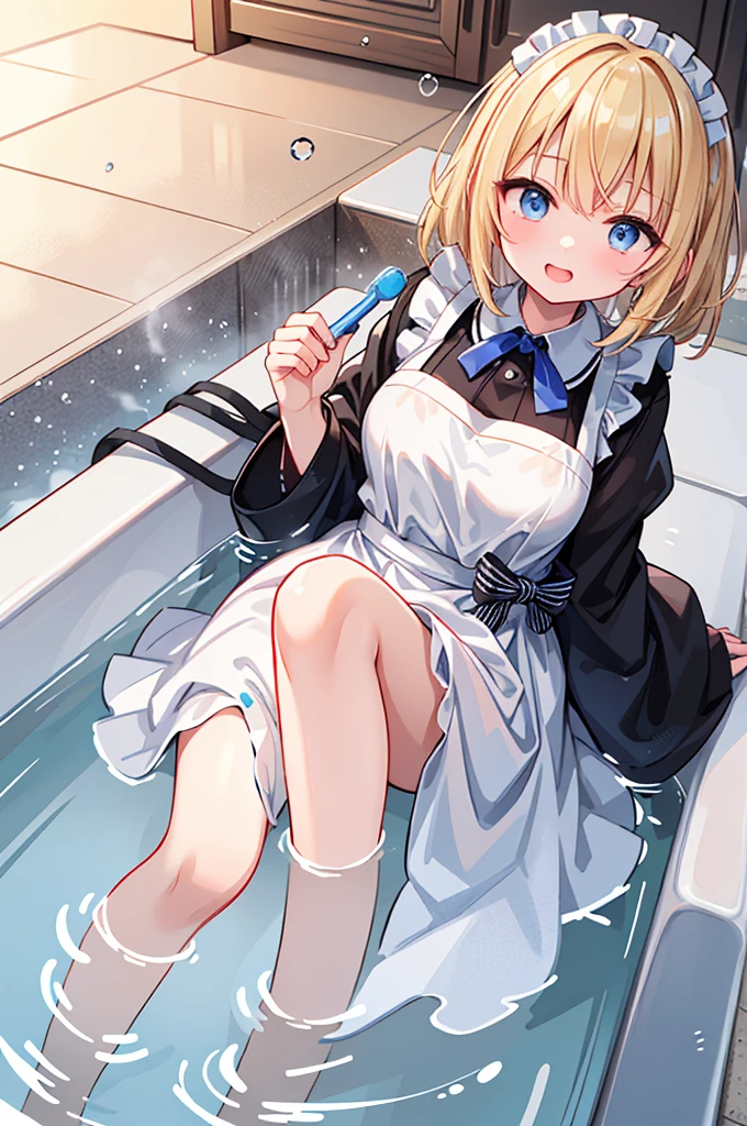 (4K,  super high quality, masterpiece:1.2),  super high definition, One person,  girl, cute, Blonde, Blue Eyes, Small breasts,  maid clothes,  black dress,  White Apron ,  white and black apron dress ,  Katyusha,  Blue Ribbon , Bathroom, Large bathtub, Taking a bath, My clothes are still ,  soaked in water up to my chest, Submersion, ( large amount of water droplets all over the body:1.2)Water drops on clothes too , soaked,  like a , Bright smile, Water drops dripping, 