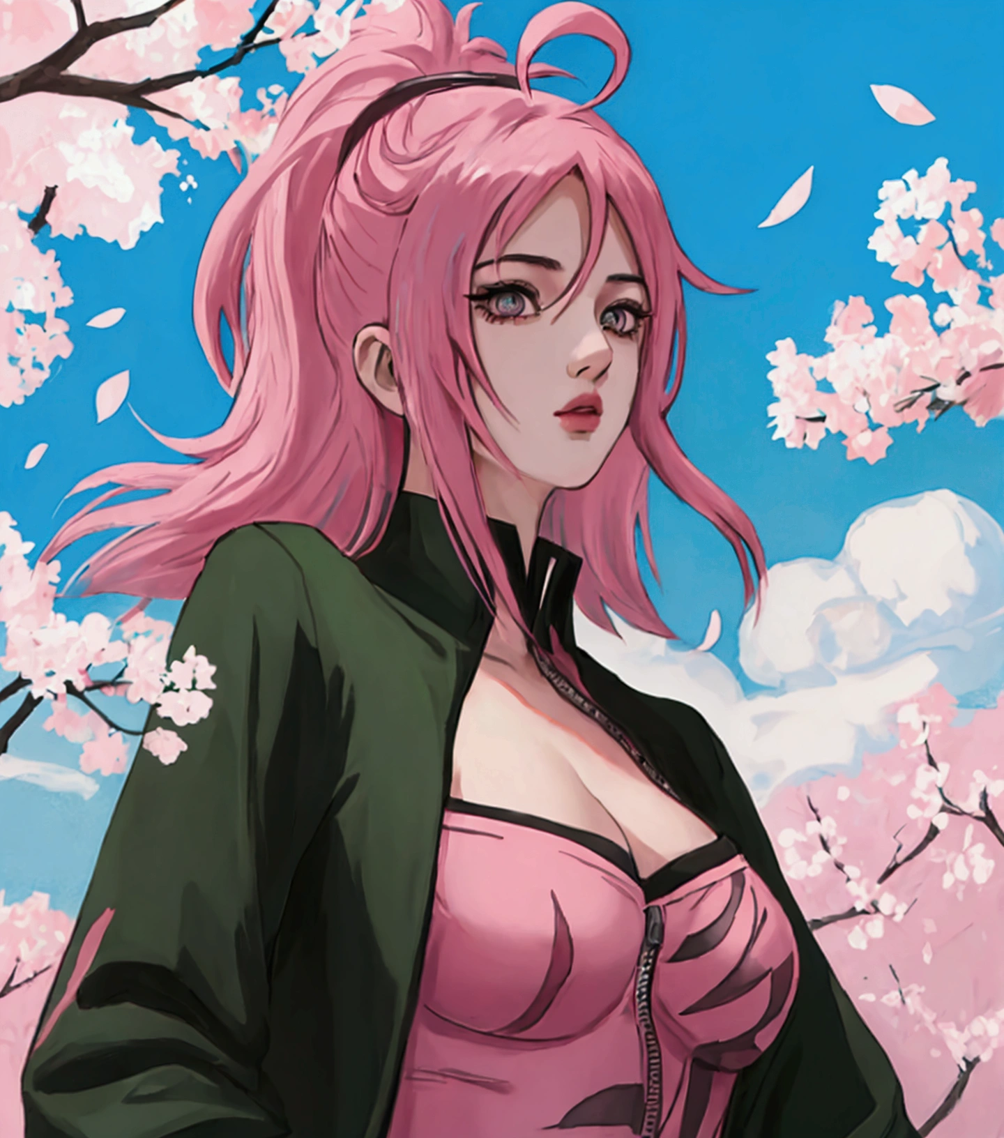 tmasterpiece， Best quality at best， 1girll， Sakura Haruno， Large breasts，sexy ninja suit attire，（cleavage)，（upperbody closeup)，Raised sexy，is shy，ssmile，with pink hair， long whitr hair， （Green eyeballs:1.4)， Forehead protection， the cherry trees，Cherry blossoms flying，Red clothes，Zipper half