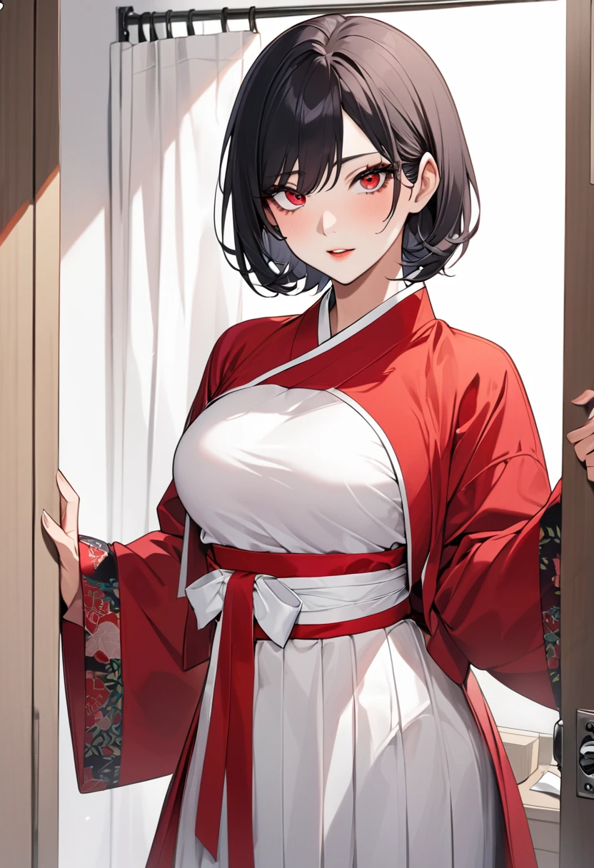 Hanbok입은 중년여성,  black head, Short Hair Style,  Angkal Jin Eyes ,  Sharp Eyes, 50 years old, medium size breasts, Hanbok,  Red Jacket , 파란색 Hanbok 치마, Private Dressing Room , White wallpaper, White curtains 