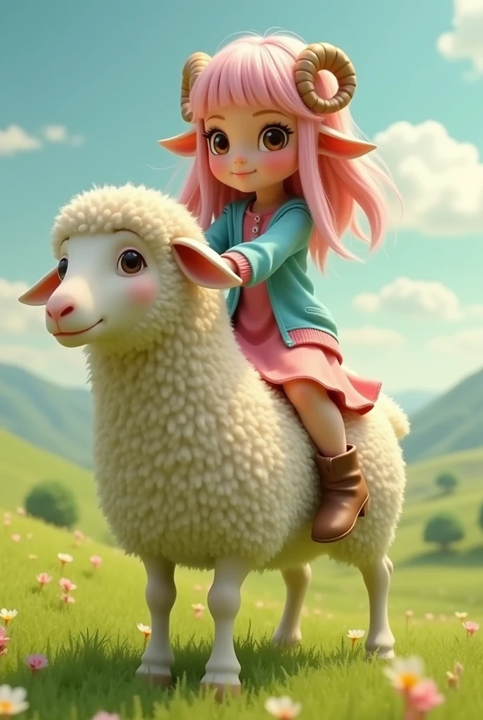 Super realistic illustration, Cinema 4D rendering,1 girl, solo, full body, smiling with mouth open, pink long hair, fluffy hair, bangs, brown eyes, beautiful eyes, Thick eyebrows, drooping sheep ears, Cute spiral Horns of Ammon, Sky blue cardigan over pink dress, brown short boots, riding a big fluffy Merino sheep, Controlling the sheep by grabbing its head,Grassland