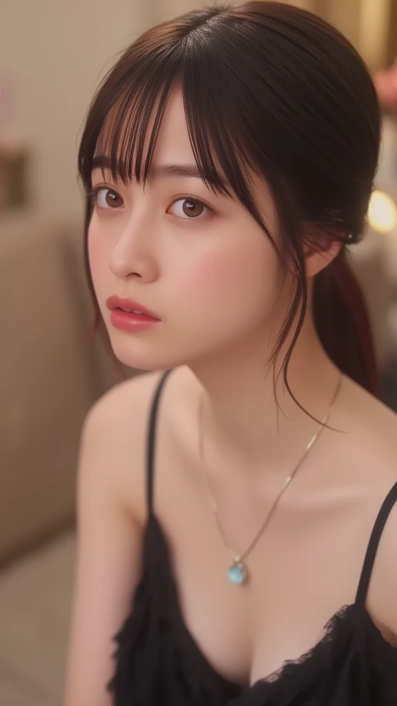 Kanna Hashimoto,One Woman、beautiful、Perfect looks、Pale turquoise eyes:1.3,((large breasts))、Perfect balance,simple diamond necklace、(Blurred Background)、Luxury palace,Sparkling Room、(Please redeem: 1.1), (Realistic: 1.1), (photograph: 1.1), (Very detailed: 1.1),((NSFW)), ((beautiful nipples)),黒いブラジャー