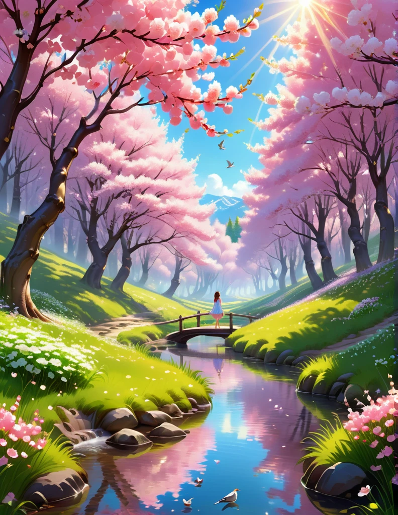   A fabulous landscape a girl walks in the Cherry Forest on a spring day  ,   where tall cherry trees are covered with bright pink and white flowers.   The petals slowly fall on the soft grass  ,   forming a delicate pink carpet under your feet  .  p}  The golden rays of the sun make their way through the thick foliage  , illuminating the forest with soft  ,  with warm light  .   A small transparent stream meanders between trees  ,   reflecting flowers and the blue sky  . hills visible in the distance,  covered with blooming trees  ,   adding a sense of infinity and peace  .   Birds flutter among the branches  ,   complementing the atmosphere of calm and magic  ."