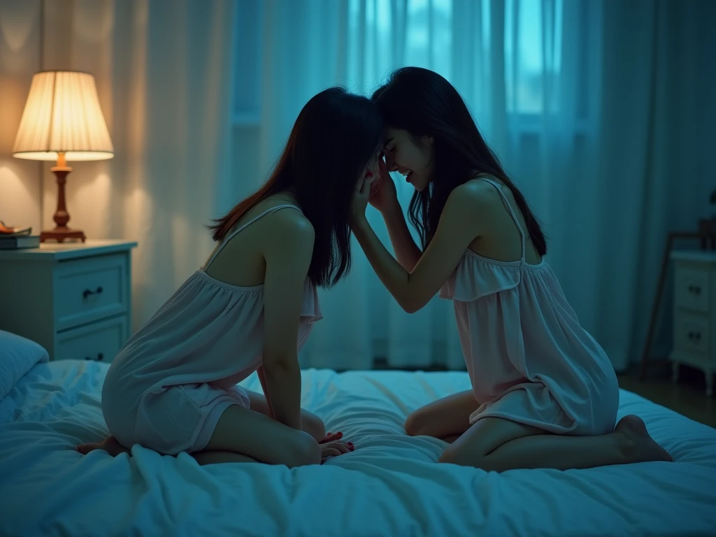 Slim -yeld JuBowker and skinny 12-year-o beful bde girl take off their socks，They burst into tears，Very beautiful ，primitive，on top of the bed，Picture ratio：3:4（Dark private study，Dark and moody light：1.2）