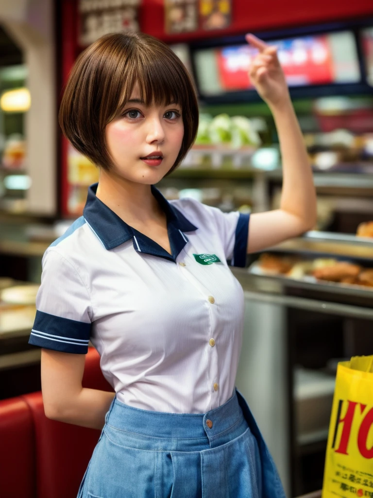 1girl, fast food staff member, flat chest, uniform, shirt lift, short hair, bangs, masterpiece, best quality, ultra quality, high quality, realistic, photo realistic, RAW photo, hyper detailed, intricate detailed, bokeh, hamburger shop,