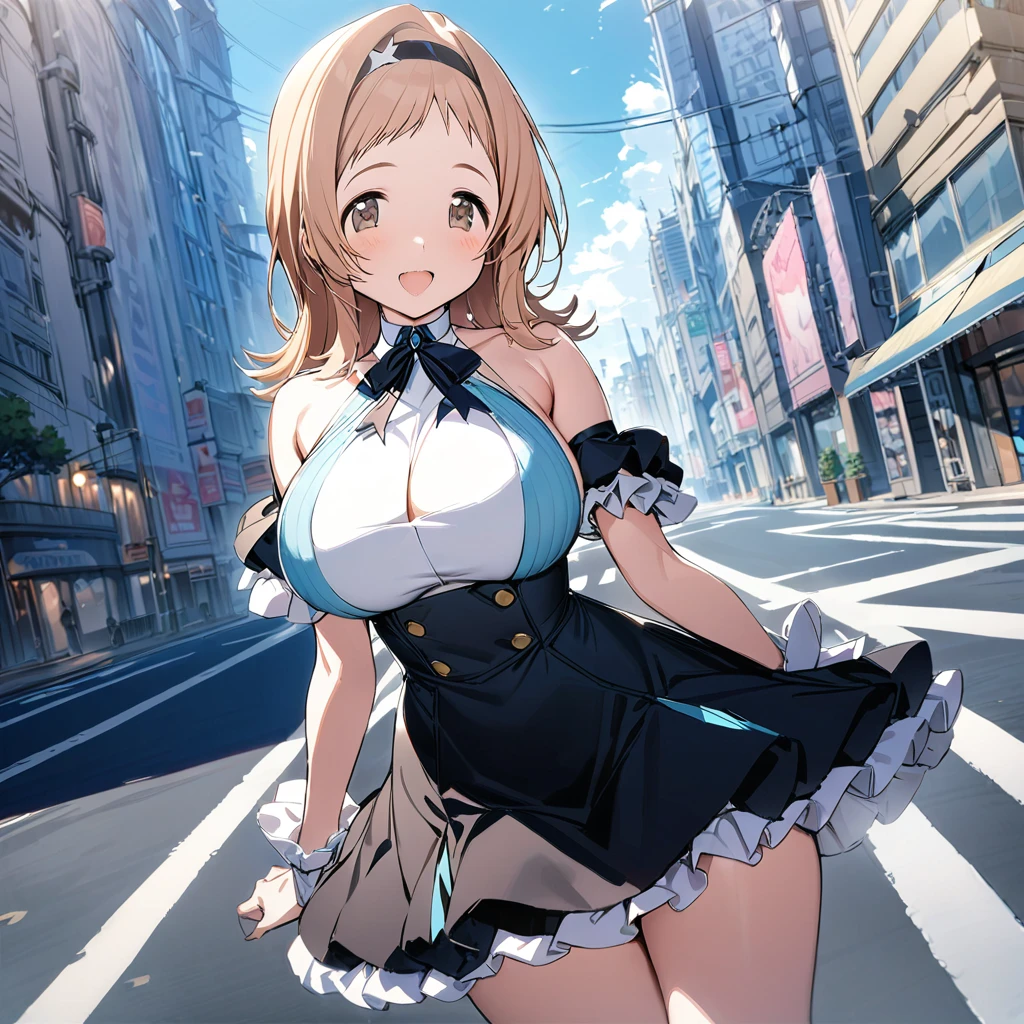 mano sakuragi, large breast, dress, frilled sleeves, shoulderless, skirt, large skirt, frilled skirt, city, road, building, masterpiece, best quality,