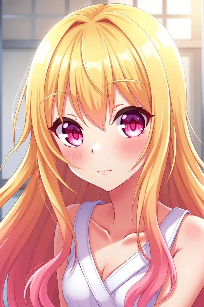 1boy and 1girl, Angle from the front、(((Close-up of face and chest:1.3))), (The gap between the camisole and the chest)、(She bends forward so you can see her breasts under her camisole.)、The girl bends forward to show off her breasts、(((evil grin))), (( girl)), Cute hair clip、Blonde、low length、((Small breasts)), Camisole、In the corner of the kitchen、((paizuri)), (1penis), eject cum, (cum to breasts)、((penis in front of breasts)), (The mouth is smiling and the tongue is sticking out.)、