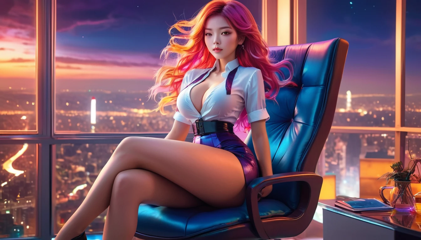 (best quality,8k,ultra-detailed:1.2),(CG,CG art,3D rendering),(masterpiece:1.2),（thong, stockings, unbutton blouse），(movie lighting, futuristic), (a secretary lying in a chair, sleeping, closed eyes, big breast),(large window behind her, 4K office scene at night with large windows showing a cityscape, tranquil night),(colorful hair:1.5) full body shot