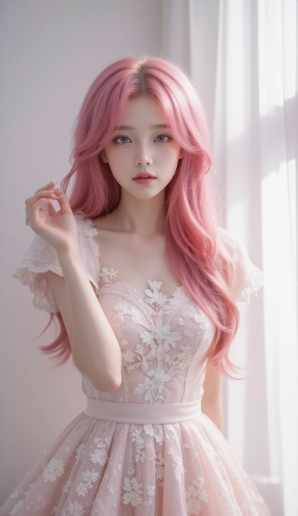 Realistic, 8k, HDR, super contrast, surreal, cinematic, Masterpiece, best quality, super detailed, illustration, beautiful detailed eyes, close up, 1 girl, POV, Chinese girl, pink hair, white dress, villa doorway, standing position, face down, fantasy.