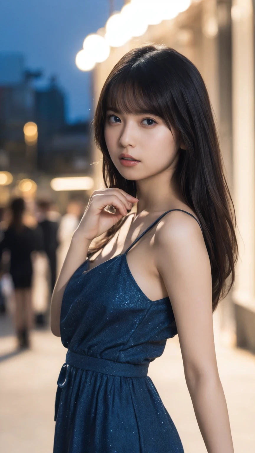 (8k, Top quality, Masterpiece:1.2), (Realistic, photo-realistic:1.37), Super detailed, perfect ???????, cute, small eyes, Maxi dress, 18-years old, a Japanese, girl,  cityscape,