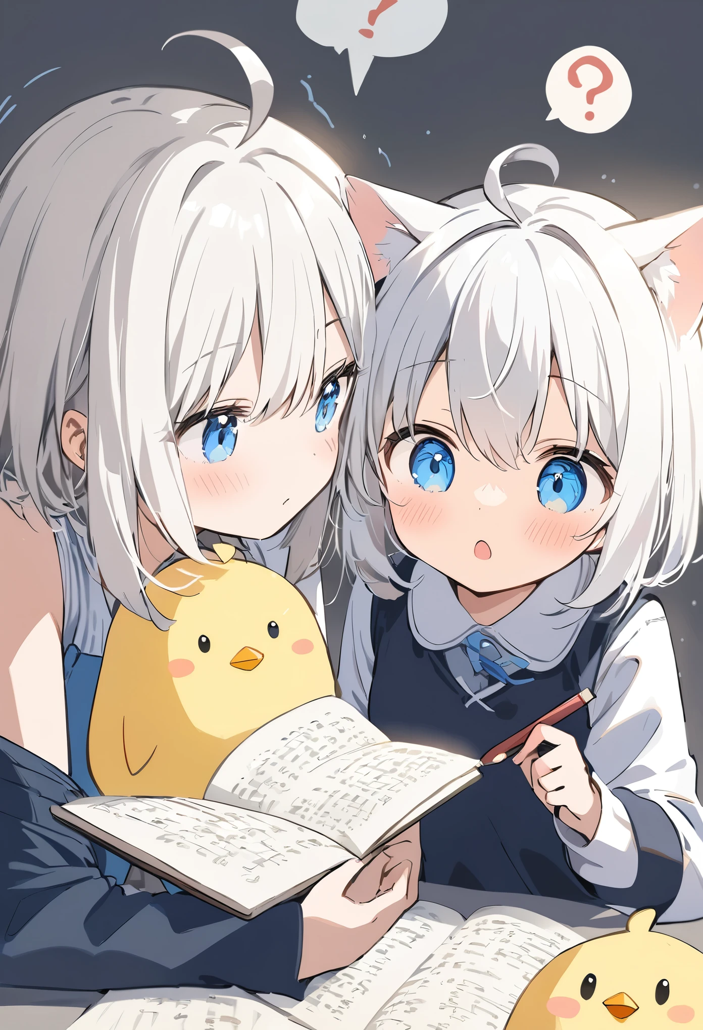  Thin and Soft Painting Style、１ girls、one girl,hold one&#39;s head、Girl studying 、Cat ears、White Hair、Blue Eyes、 short hair、Ahoge、 chick on the side cheering、Grim face、 question mark