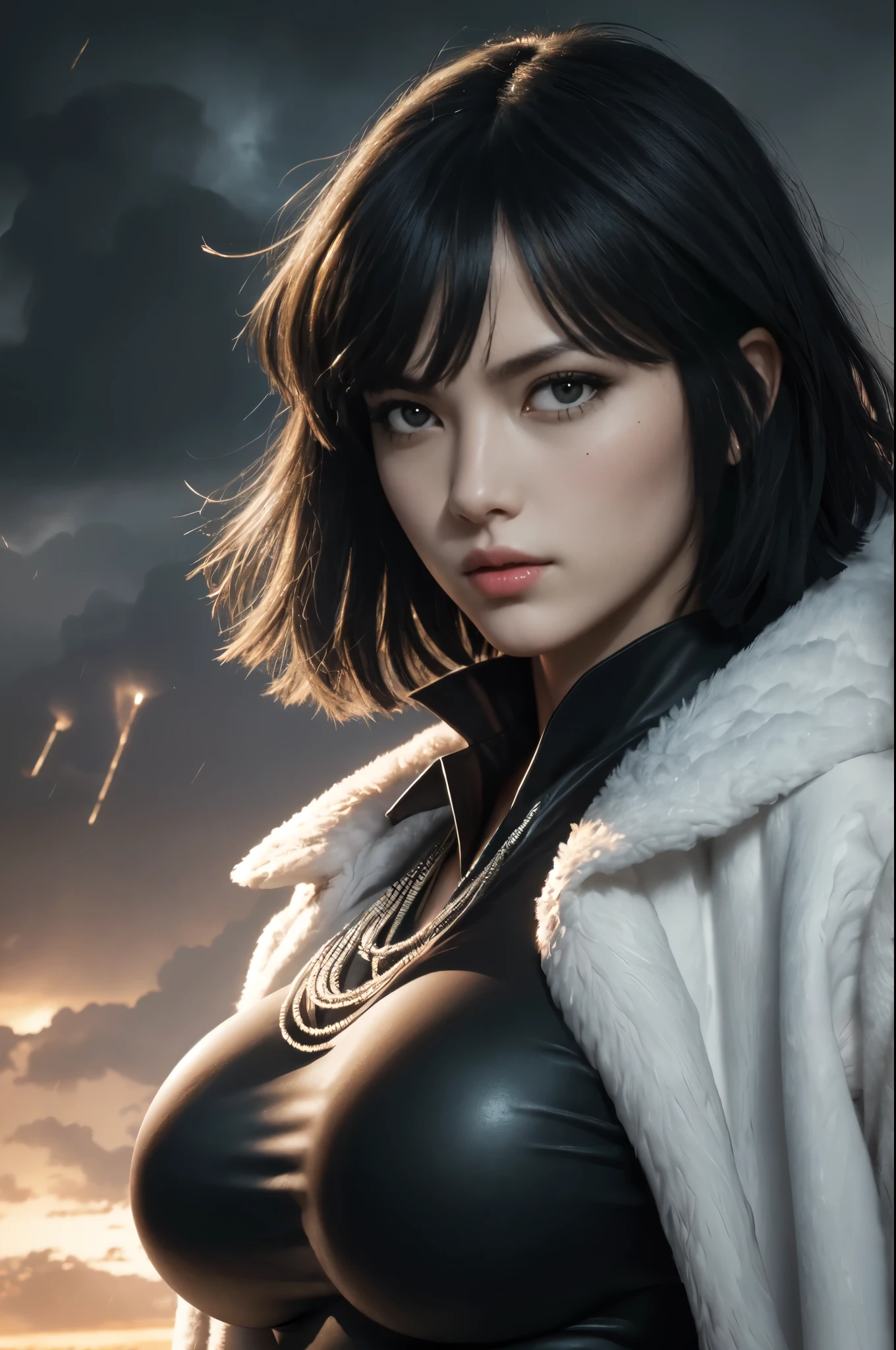 FUBUKI, (BLACK HAIR), Straight hair, STRICT CLOTHES, ((FUR COAT)), JEWELRY, NECKLACE, long face, short hair, straight hair, (photorealistic:1.2), (masterpiece), best quality, (face detail:1.4), raw photo, 8k ultra realistic, perfect artwork, ((violent tornado and storm background :1.2)),BREAK, photography,masterpiece, best quality,HDR,high resolution,realistic details,8K,HDR,high resolution,absurd,1girl flying in the air, fubuki,expressionless, ((big breasts:1.4)),masterpiece,ultra realistic,32k,highly detailed 8k unity CG wallpaper, best quality