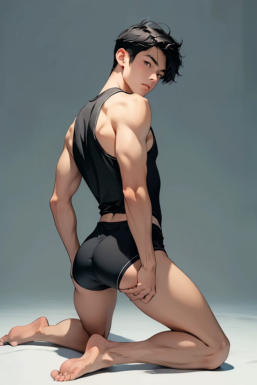 ((((((1boy)))))), fluffy gray hair, ((big sharp cat ears)), cat tail, slim figure, ((pale skin)), sky blue eyes, joyful, big thighs, nice butt, fangs, slim waist, lean figure, skin pale, youthful appearance, (((bulge))), black booty gym shorts, black thigh socks, black coat, twink