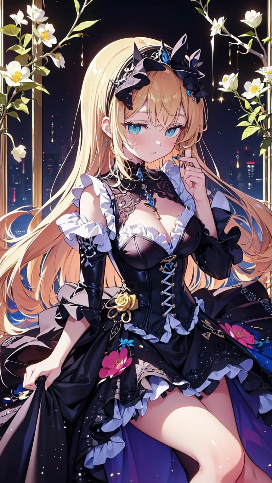  (((gothic))),  A young woman stands among elaborate decorations 、 captivating scene  , she was adorned with hair accessories、she is medium length, Wavy golden hair..。.。Super mini skirt with frills, sheの表情は自然だ, calm look. she wore a frilly-sleeved miniskirt and a tight corset....、she&#39;  wears a gorgeous off-the-shoulder white dress  。,  creates a whimsical and romantic atmosphere  . sheのポーズはリラックスしている,  rear view of posture、she is lifting her skirt with both hands。  white panties 。 camel toe 、 そしてsheは&#39;Turn slightly to the side,  rear view of posture、  gives a sense of contemplation and contemplation  . The background is vivid, Blooming flowers and intricate designs,  is whimsical and creates a romantic vibe  . 背後から差し込む自然光がsheの周りに柔らかな輝きを放つ...., The delicate details of the costume、Enhance the vibrant colors of the landscape.  I wear black stockings with delicate shoes  ...., Taking the audience into a dream world. A woman standing in a courtyard wearing a dress and boots, (((watercolor))), Anime with beautiful animated art  , Anime with beautiful animated art  work, Kschat Krentz Key Art Feminine, Gway's , Anime Art Nouveau, Detailed Key Anime Art, Anime full body illustration , barrel ,  Pixiv Digital Art,  Beautiful fantasy anime 

