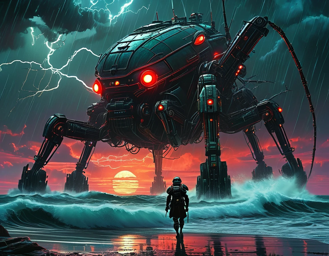 colossal insectoid mecha emerging from the ocean under a stormy night sky. With multiple spider-like legs and a complex design, the machine rises through dark waters, casting intricate reflections in the rain-drenched waves. Fog drifts over the scene as lightning cuts through the sky, illuminating the dramatic, dieselpunk-inspired contours of its ominous silhouette. The contrasting colors highlight the menacing presence of this sinister machine, capturing the essence of sci-fi dread and tension against a turbulent, oceanic backdrop.contrast sky,red moon,lightning,total terror, best quality,masterpiece, detailed, UHD, lots of fine detail,award-winning,vibrant,saturated,colorful,realistic reflections,from above
